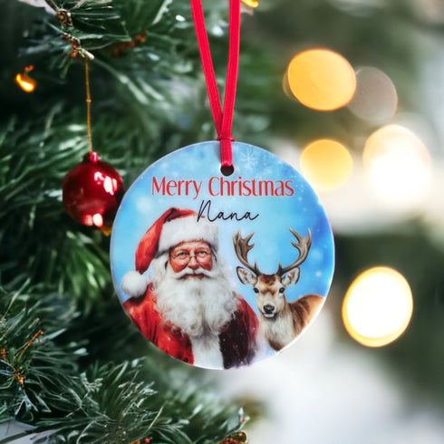 Christmas Personalised ceramic bauble decoration - Traditional Father Christmas and Reindeer
