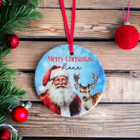 Christmas Personalised ceramic bauble decoration - Traditional Father Christmas and Reindeer