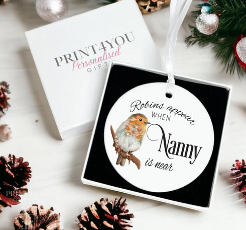 Personalised Floral Robin ceramic bauble decoration, Robins Appear, Memorial Gift Decorations.