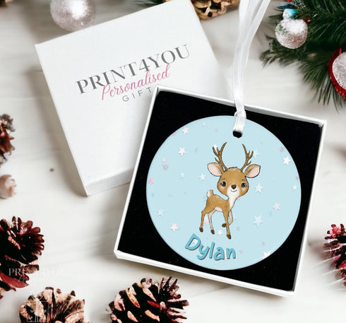 Reindeer Blue Stars Stars Rainbow Personalised Christmas tree ceramic bauble disc decoration with ribbon