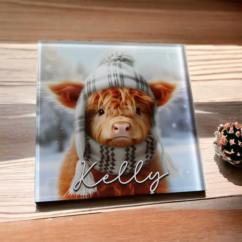 Personalised Highland Cow Glass Coaster | 10x10cm Printed Design | scratch-resistant bumpers | Optional Gift Box