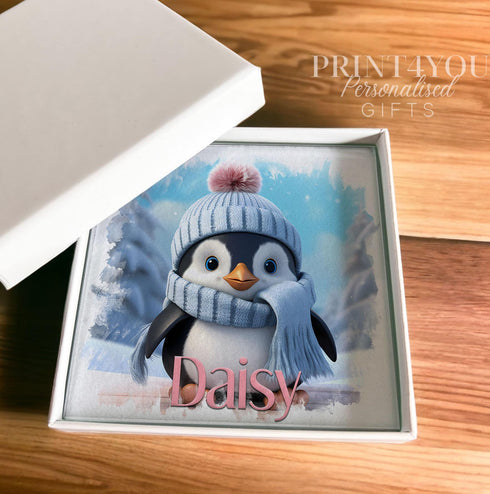 Personalised Penguin Glass Coaster | 10x10cm Printed Design | scratch-resistant bumpers | Optional Gift Box