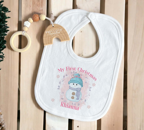Baby's First Christmas Personalised Bib, Vest and Sleepsuit Cotton Set - Perfect for New baby Gift, Girls Pink Snowman