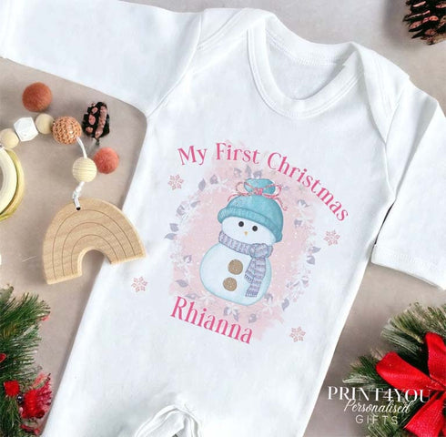 Baby's First Christmas Personalised Bib, Vest and Sleepsuit Cotton Set - Perfect for New baby Gift, Girls Pink Snowman