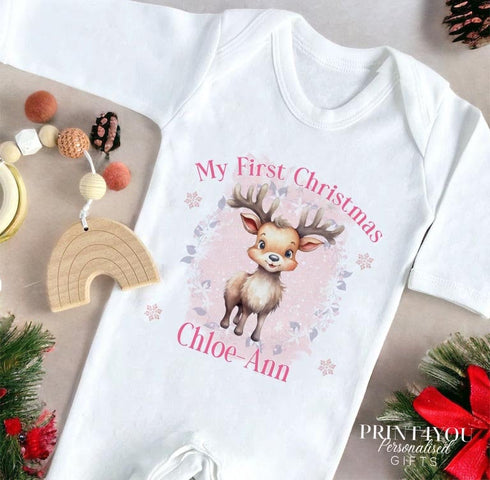 Baby's First Christmas Personalised Bib, Vest and Sleepsuit Cotton Set - Perfect for New baby Gift, PLL Girls Pink Reindeer