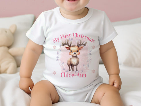 Baby's First Christmas Personalised Bib, Vest and Sleepsuit Cotton Set - Perfect for New baby Gift, PLL Girls Pink Reindeer