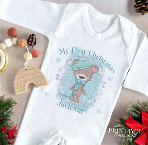 Baby's First Christmas Personalised Bib, Vest and Sleepsuit Cotton Set - Perfect for New baby Gift, PLL blue bear