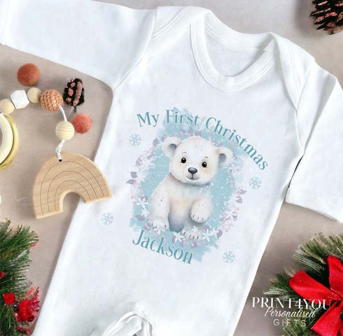 Baby's First Christmas Personalised Bib, Vest and Sleepsuit Cotton Set - Perfect for New baby Gift, PLL blue polar bear