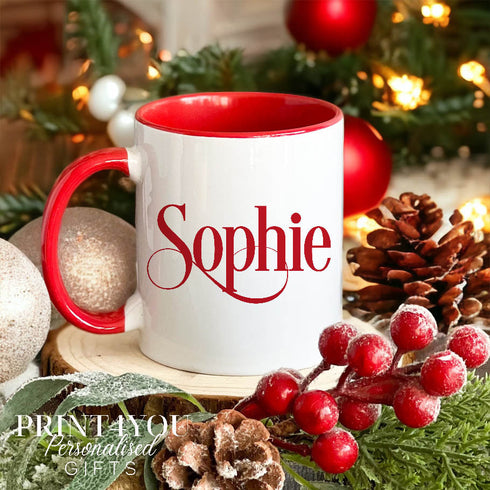 Red Trim Fancy name Christmas Personalised gift mug