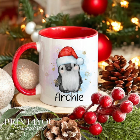 Xmas Penguin personalised White mug Christmas stocking filler gift red handle Name only