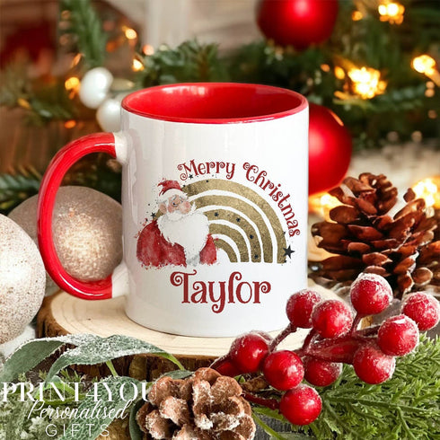 Santa Gold Foil Effect Rainbow Personalised White mug Christmas stocking filler gift red handle