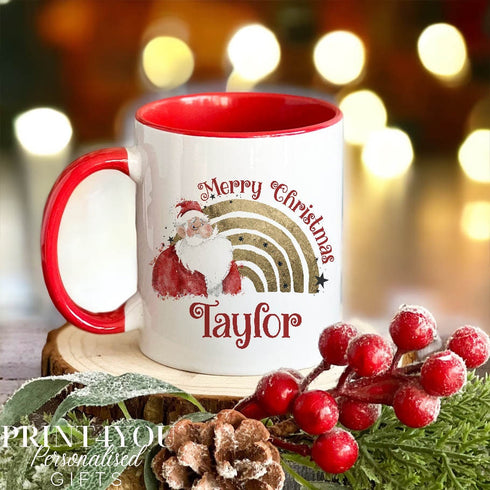Santa Gold Foil Effect Rainbow Personalised White mug Christmas stocking filler gift red handle