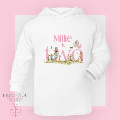 Personalised Rabbit Birthday White Cotton T-Shirt or hoodie - I am TWO, Second Birthday
