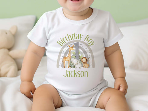 Personalised Safari Rainbow Birthday White Cotton T-Shirt, Vest, Sleepsuit or hoodie - Custom Name with Number One Print