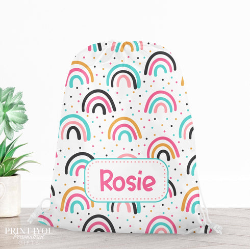 Personalised School PE / Gym / Swim Bag, Back to School kids drawstring bag, Water resistant bag, Colourful Rainbows