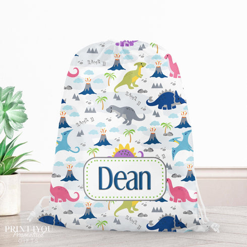 Personalised School PE / Gym / Swim Bag, Back to School kids drawstring bag, Water resistant bag, Colourful Dinosaurs DD2