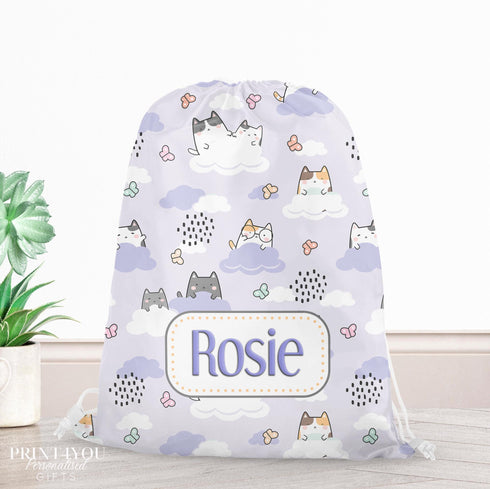 Personalised School PE / Gym / Swim Bag, Back to School kids drawstring bag, Water resistant bag, kawaii Cats Purple