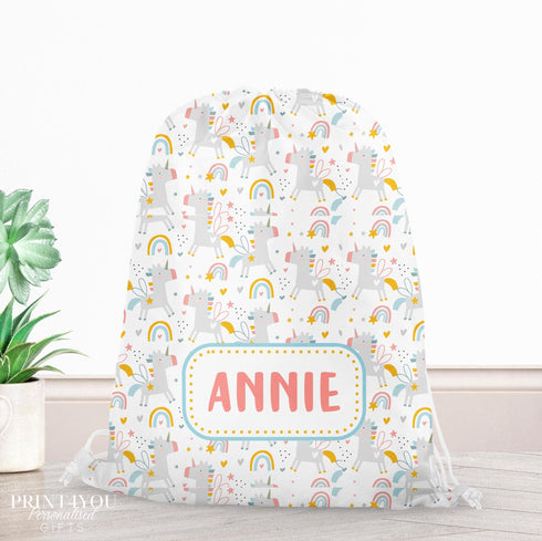 Personalised School PE / Gym / Swim Bag, Back to School kids drawstring bag, Water resistant bag, Unicorn and Rainbows