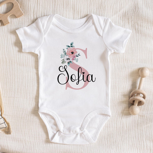 Personalised Baby Girls sleepsuit, bib and vest, New Baby Gift Set, Pink floral initial Letter and name
