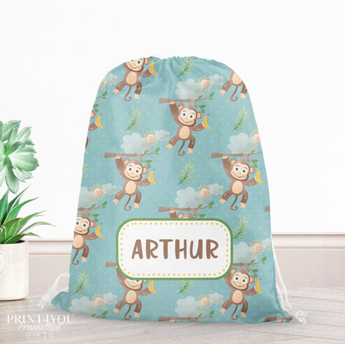 Personalised School PE / Gym / Swim Bag, Back to School kids drawstring bag, Water resistant bag, Jungle Monkey design