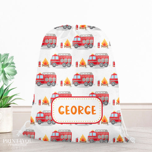 Personalised School PE / Gym / Swim Bag, Back to School kids drawstring bag, Water resistant bag, Fire Engine design