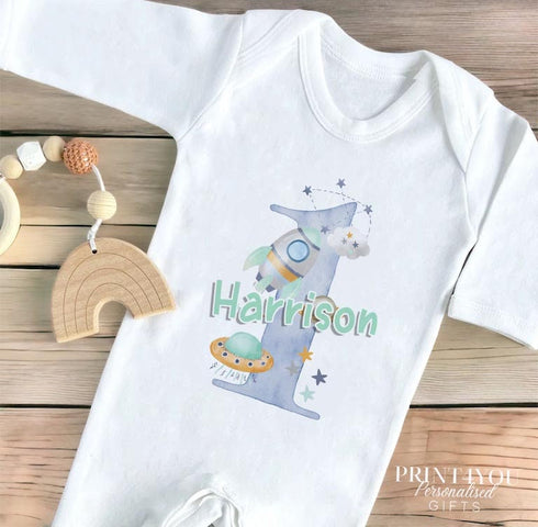 Personalised First Birthday One Lightweight Hoodie, vest, Sleepsuit and T-shirt, Blue Space Rocket First Birthday Outfit.