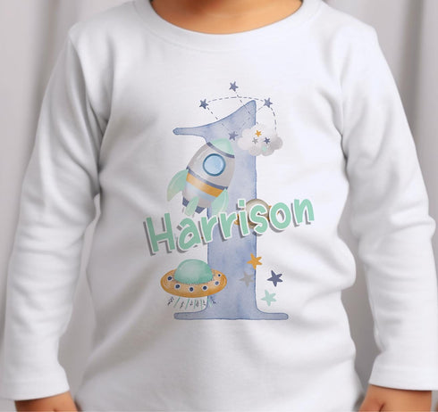 Personalised First Birthday One Lightweight Hoodie, vest, Sleepsuit and T-shirt, Blue Space Rocket First Birthday Outfit.