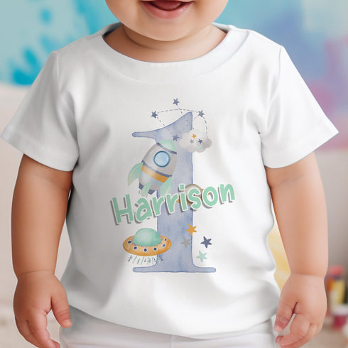 Personalised First Birthday One Lightweight Hoodie, vest, Sleepsuit and T-shirt, Blue Space Rocket First Birthday Outfit.