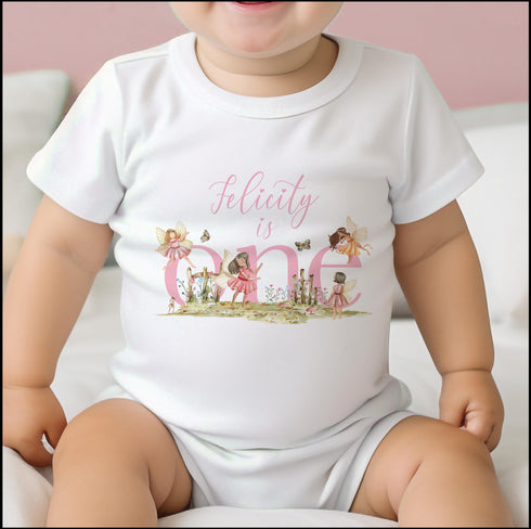 Personalised First Birthday One vest, Sleepsuit and T-shirt, Pink Fairytale Fairies First Birthday Outfit.