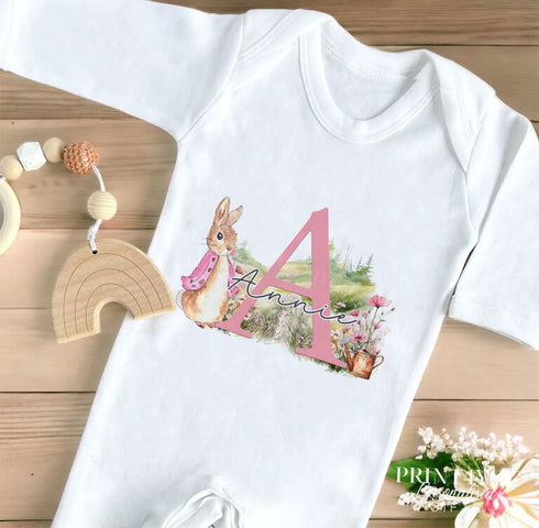 Personalised Baby Girls t-shirt, vest, sleepsuit, and bib, New Baby Gift Set, Pink Rabbit