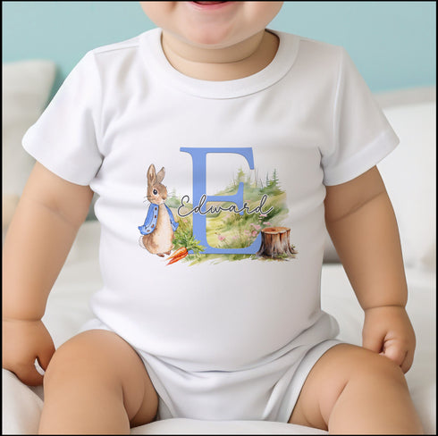 Personalised Baby Boys t-shirt, vest, sleepsuit, and bib, New Baby Gift Set, Pink Rabbit