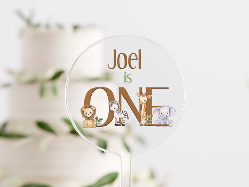 Personalised Safari Cake Topper, Acrylic UV Printed Cake Topper Decorations, First Birthday ONE
