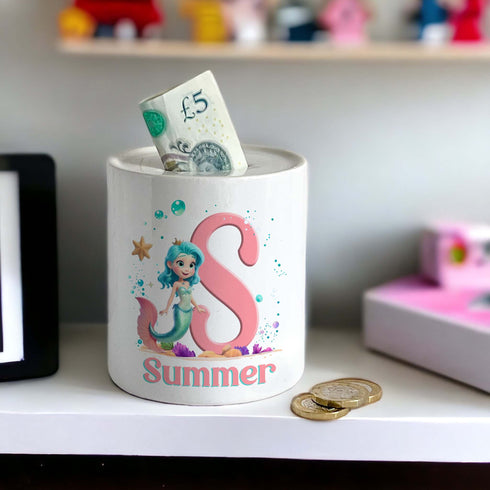 Personalised Ceramic White Money Box Coin Bank - Mermaid Pink letter