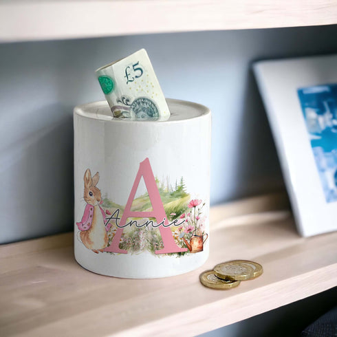 Personalised Ceramic White Money Box Coin Bank - Pink Classic Rabbit