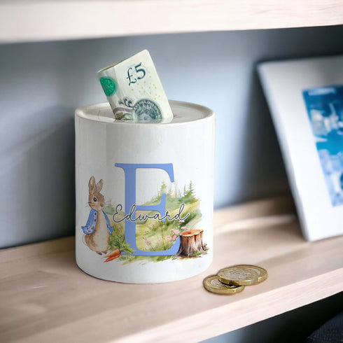 Personalised Ceramic White Money Box Coin Bank - Blue Classic Rabbit
