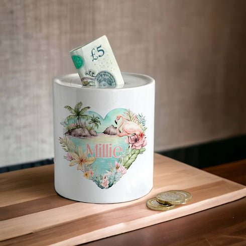 Personalised Ceramic White Money Box Coin Bank - Tropical Paradise Heart