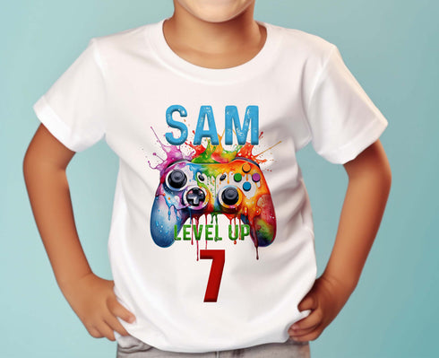 Personalised Birthday Gaming Controller T-Shirt | White Cotton | Ages 1-12yrs | "Level Up" | Perfect Birthday Gift