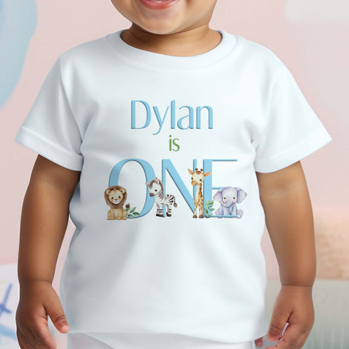 Personalised Safari First Birthday T-shirt, I am One, Sleepsuit, Vest or T-shirt, Baby Blue Text
