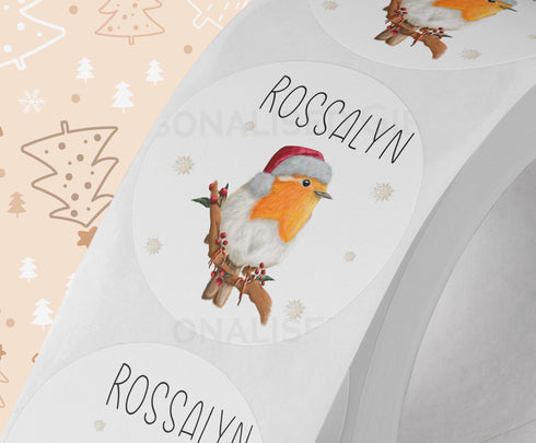 Personalised Festive Robin Sticker| Christmas White Gloss 5cm Stickers | Perfect for Christmas Party Bags, Gift Wrapping, and More!