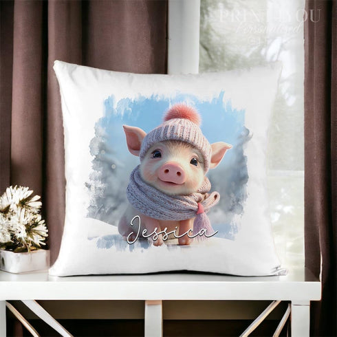 Personalised Christmas Winter Pig Cushion Cover | Super Soft and Fully Washable | Gift for Her