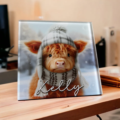 Personalised Highland Cow Glass Coaster | 10x10cm Printed Design | scratch-resistant bumpers | Optional Gift Box