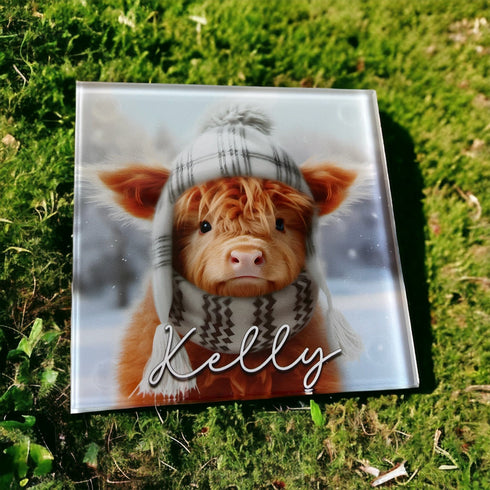 Personalised Highland Cow Glass Coaster | 10x10cm Printed Design | scratch-resistant bumpers | Optional Gift Box