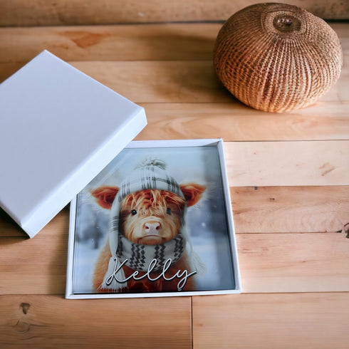 Personalised Highland Cow Glass Coaster | 10x10cm Printed Design | scratch-resistant bumpers | Optional Gift Box