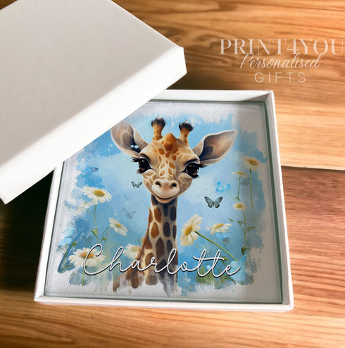 Personalised Giraffe Glass Coaster | 10x10cm Printed Design | scratch-resistant bumpers | Optional Gift Box