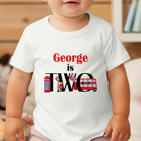 Personalised London Birthday T-Shirt I am TWO Cotton White Top, London themed party