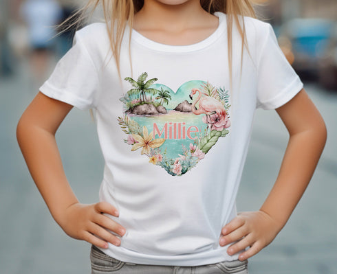 Tropical Paradise Flamingo Heart Personalised T-shirt - Girls Children's White Cotton Graphic Tee, First Holiday T-shirt