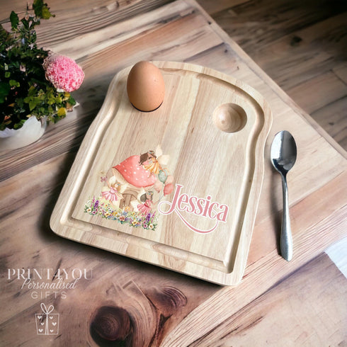 Personalised Wooden Egg Breakfast Board - UV Printed Egg Serving Platter - Customisable Kitchen Gift. Woodland Fairies & Name