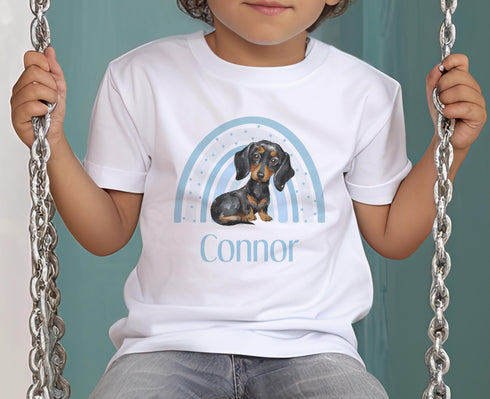 Children's White Cotton Personalised T-shirt - Blue Rainbow with dachshund puppy dog