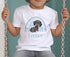 Children's White Cotton Personalised T-shirt - Blue Rainbow with dachshund puppy dog
