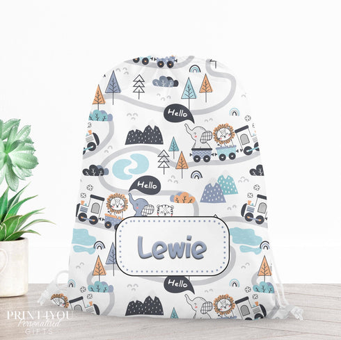Personalised School PE / Gym / Swim Bag, Back to School kids drawstring bag, Water resistant bag, Animal Train, perfect for toddlers